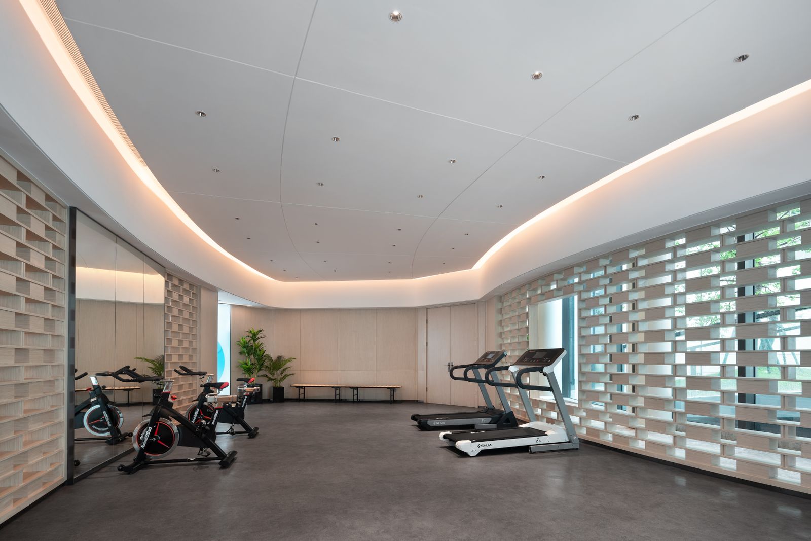 Gimnasio boutique mediterráneo con celosía arquitectónica, luz natural y acabados nobles